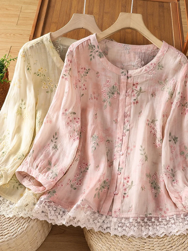 

New Chinese Style round Neck Embroidered Print Shirt Women Summer 2026 Fashion Splicing Lace Flower Top Breathable Loose...