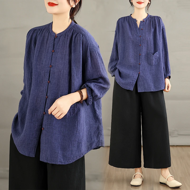 

Casual Cotton Linen Shirt Loose Wrinkle Sensation Sand Qing Blue Spring Artistic Loose Smoke Ladies Fashion Inner Wear