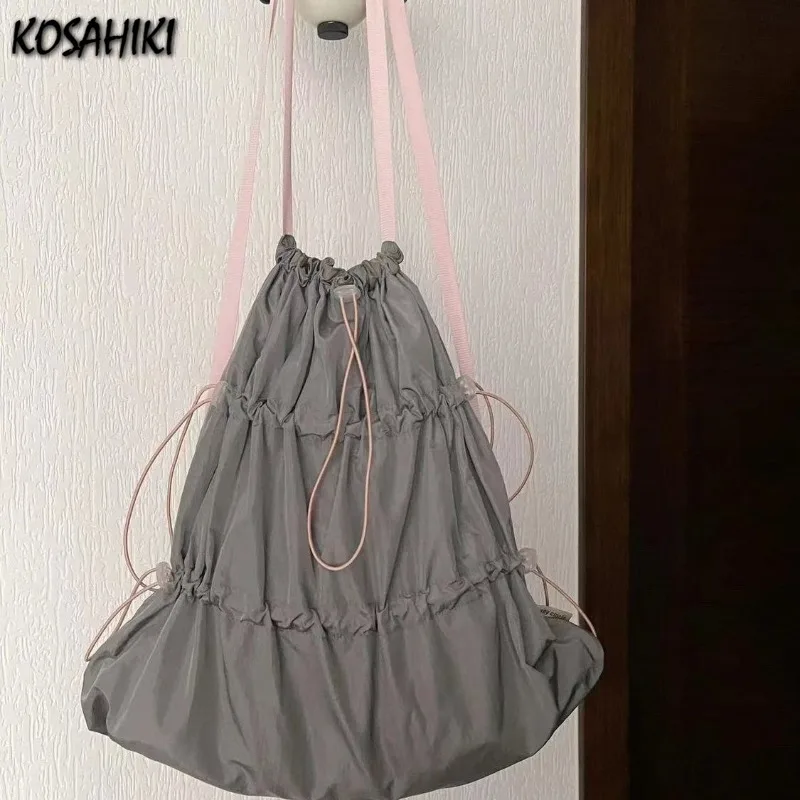 Japanese Y2k Aesthetic Pleated Drawstring Backpack Women Students Casual Vintage Schoolbags Simple All Match Casual Backpacks