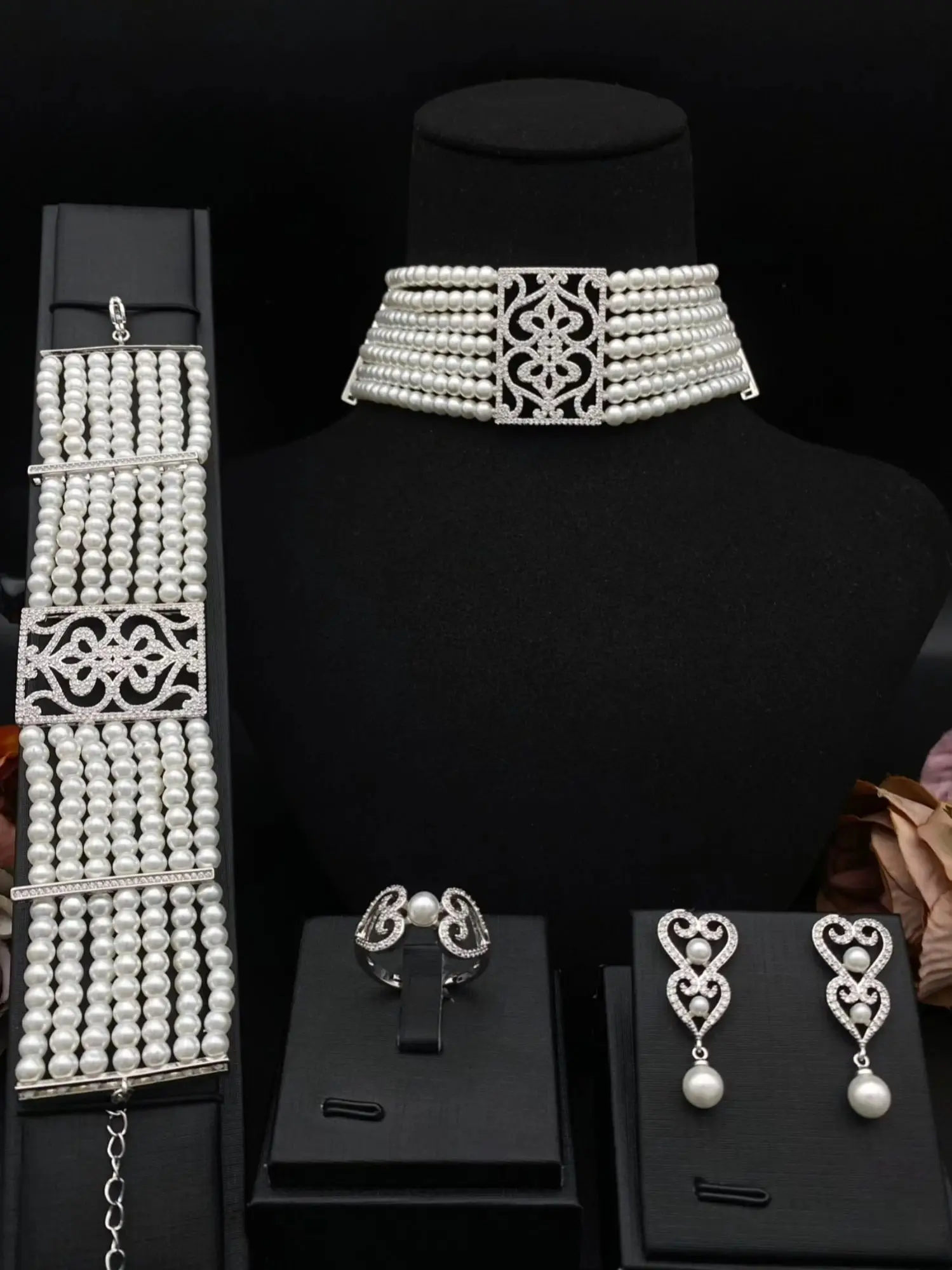 Falair Elegant Artificial Pearl Zircon Women Jewelry Set Gold Plated Copper Wedding Bracelet Ring Necklace Earrings