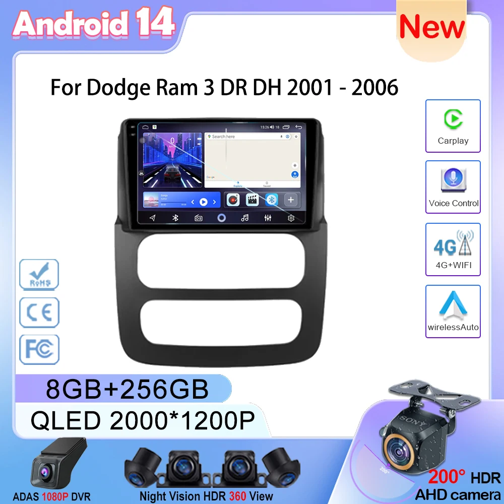 

Автомагнитола Carplay для Dodge Ram 3 DR DH 2001-2006, мультимедийный проигрыватель 2 din на Android 14 с GPS-навигацией и dvd