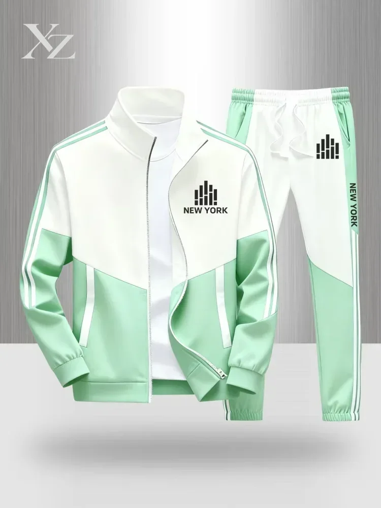 Men's Color Block Tracksuit Set: Zip Up Jacket & Jogger Pants, New York Print, Casual Athletic 2 Piece Outfit