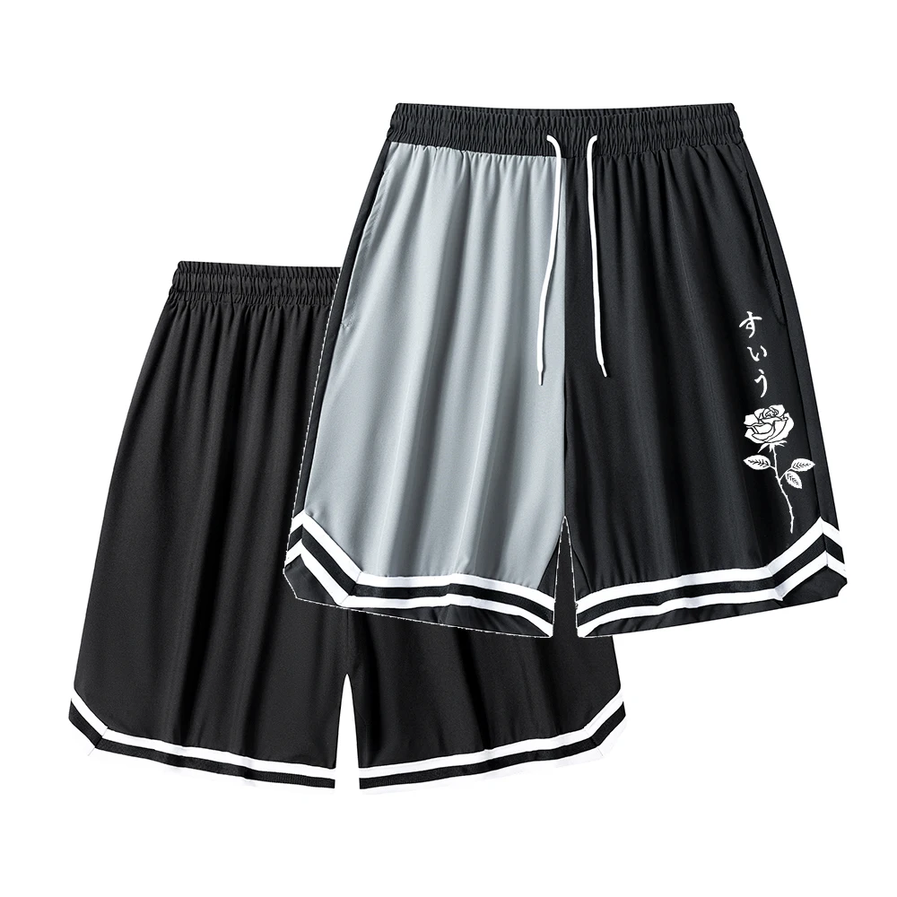 Men's Summer Streetwear Basketball Shorts Colorblock Striped Rose Print Drawstring Quick Dry Gym Workout Running Shorts