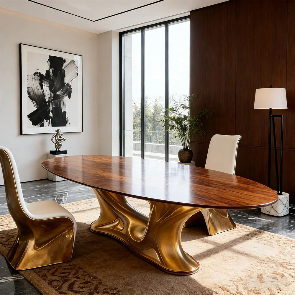 S*-Modern Sculptural Base Dining Table: Walnut Wood Top  Contemporary Dining Room