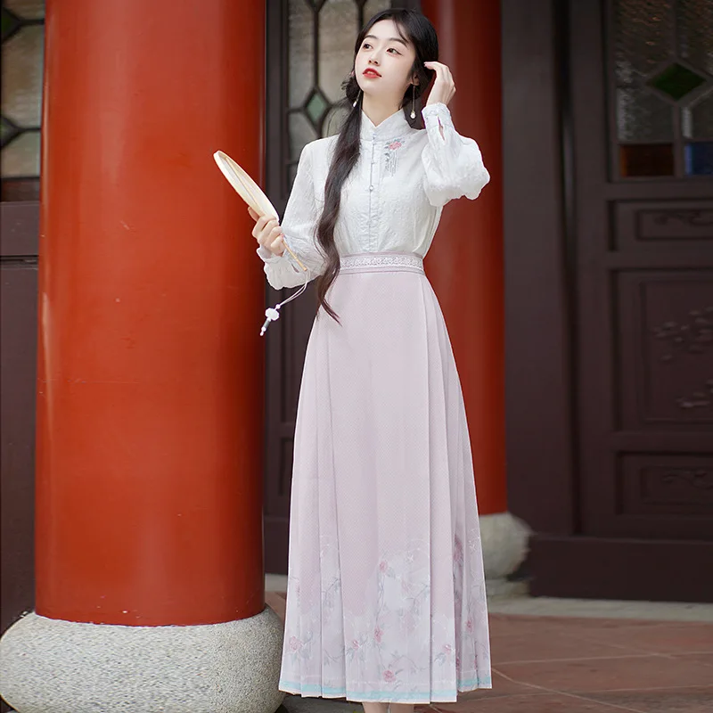 

Horse Face Skirt Modern Hanfu Women's Mamianqun Chinese Traditional Ming Dynasty National Style White Purple Set Daily Wear