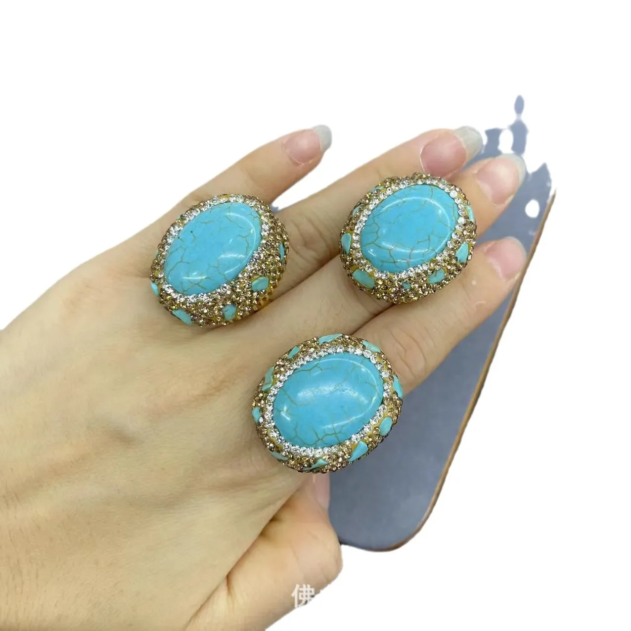 Factory direct sales turquoise ring inlaid with gravel 18K real gold color retention electroplating live ring accessories hot-se