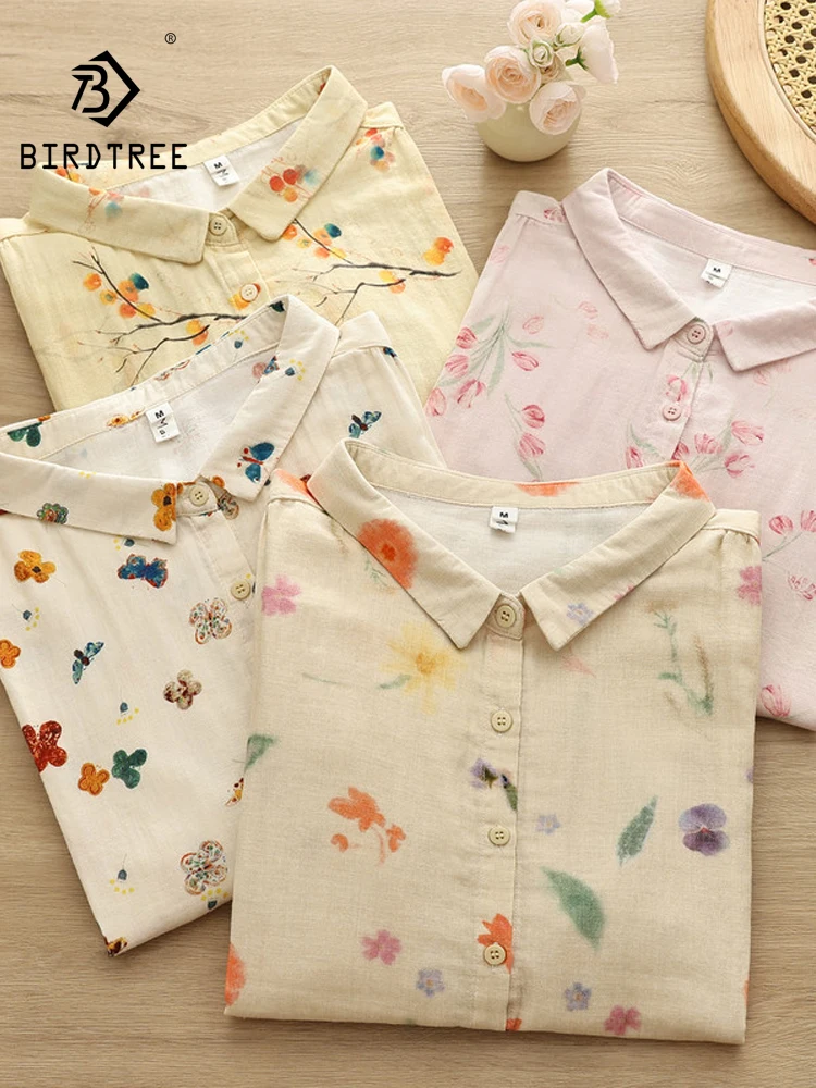 New 2026 Summer Women Cotton Yarn Half Sleeve Shirt, Turn-down Collar Print, Mori Girl Japan Style Thin Loose Blouse T66858CC