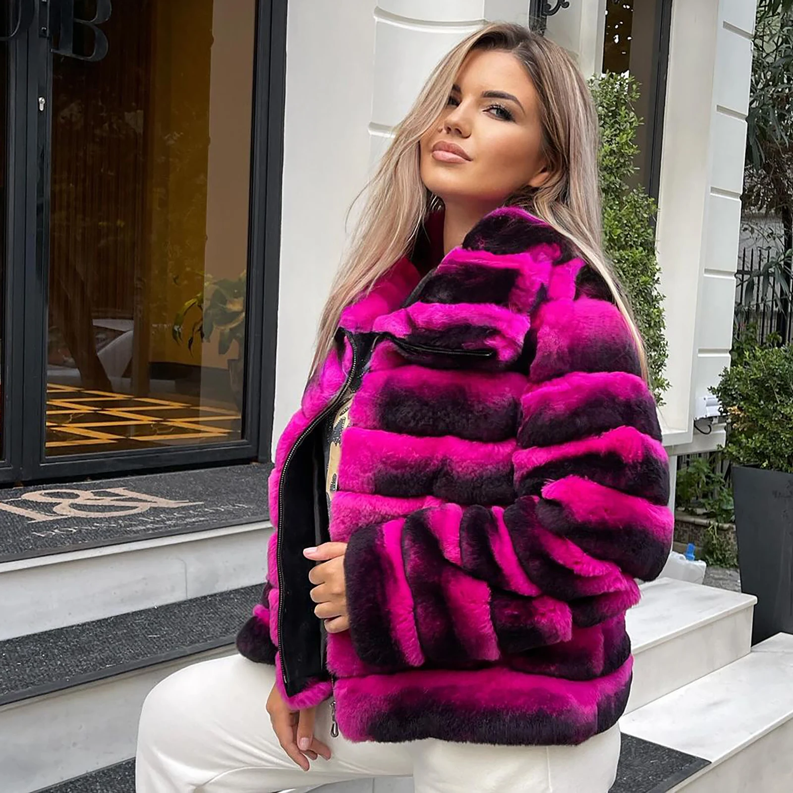 Fashion Winter Women Real Rex Rabbit Fur Coat with Turn-down Collar Fashion Woman Genuine Rex Rabbit Fur Coats Chinchilla Color