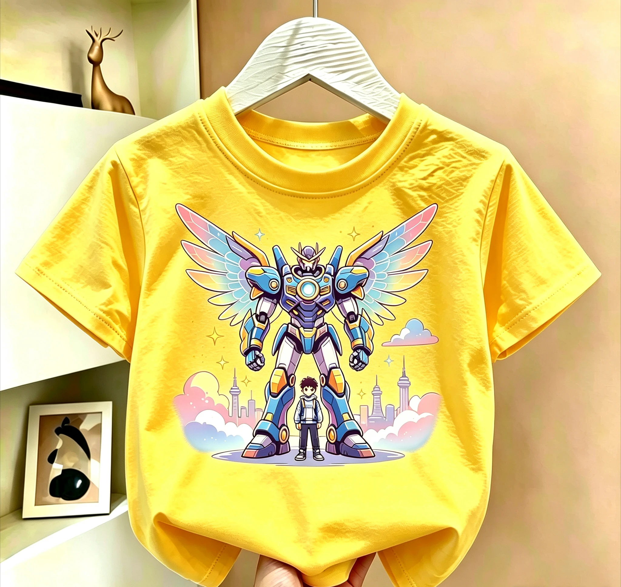 Kids Boys Mecha Robot T-shirt, Anime Wing Giant Robot & Boy Graphic Print, Summer Casual Short Sleeve Tees for Children