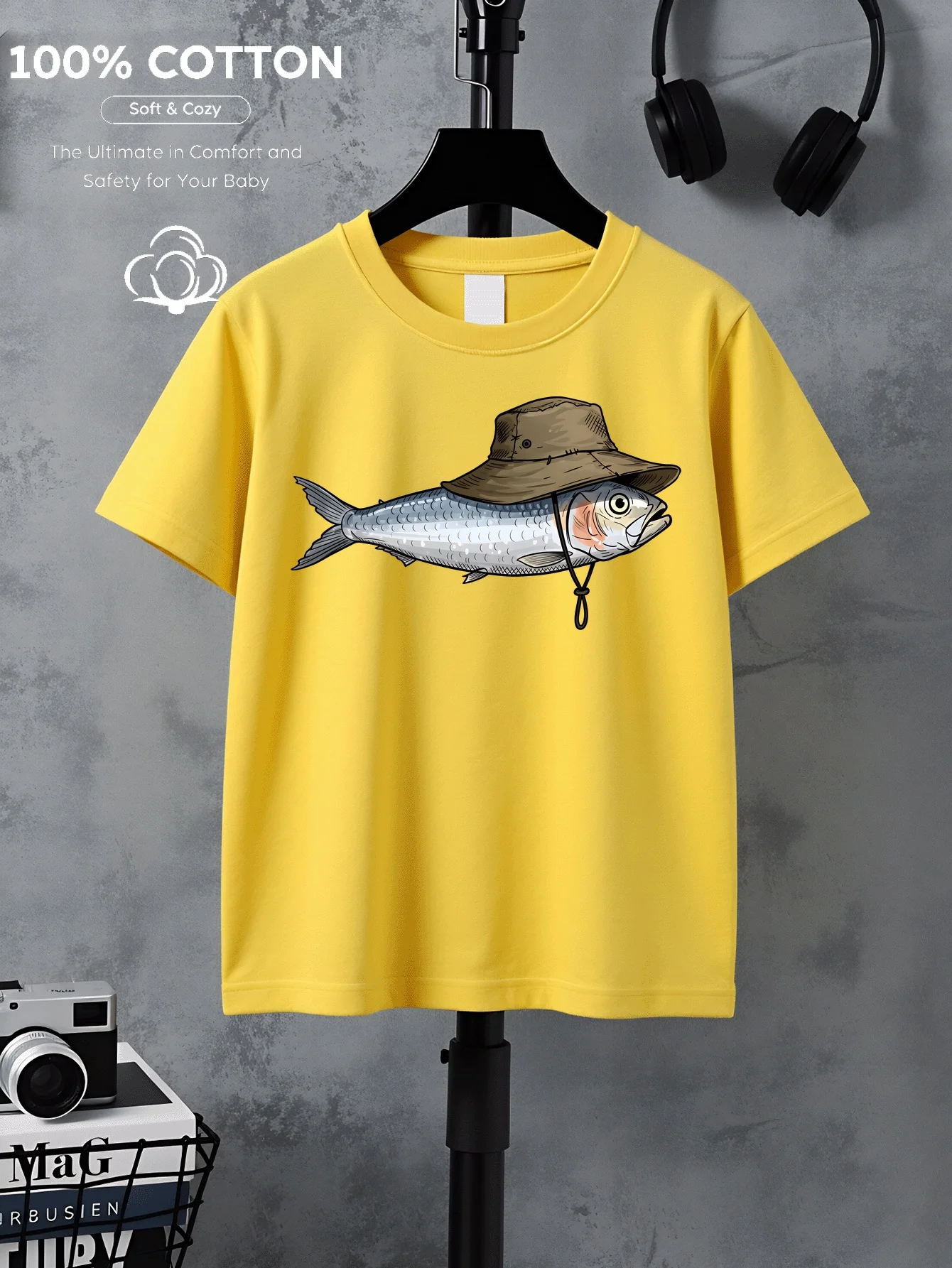 Wearing A Hat Small Fish Pattern Printed T-shirt Round Neck Top, Children's Daily Versatile and Fashionable Parent-child Outfit