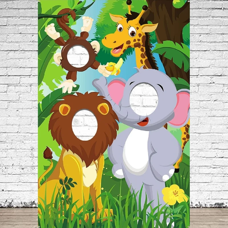 Photography Backdrop Jungle Animals Photo Door Face Cutout Banner Face In Hole Game For Safari Party Pretend To Play Background