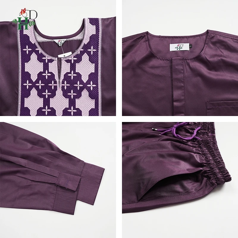H&D Pria Kasual Kaftan Longgar Muslim Thobe Jubba Dishdasha Thawb Dress 3PCS Set Agbada Arab Warna Ungu Bordir Jubah Baru 2026