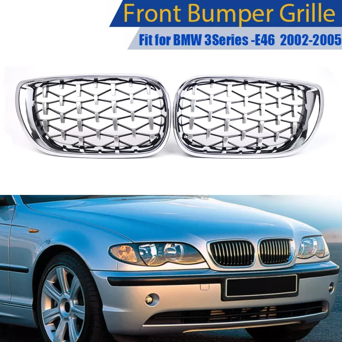 2PCS Car Front Bumper Hood Diamond Kidney Grill Chrome Silver For BMW E46 4-Doors Touring Saloon 2002 2003 2004 2005