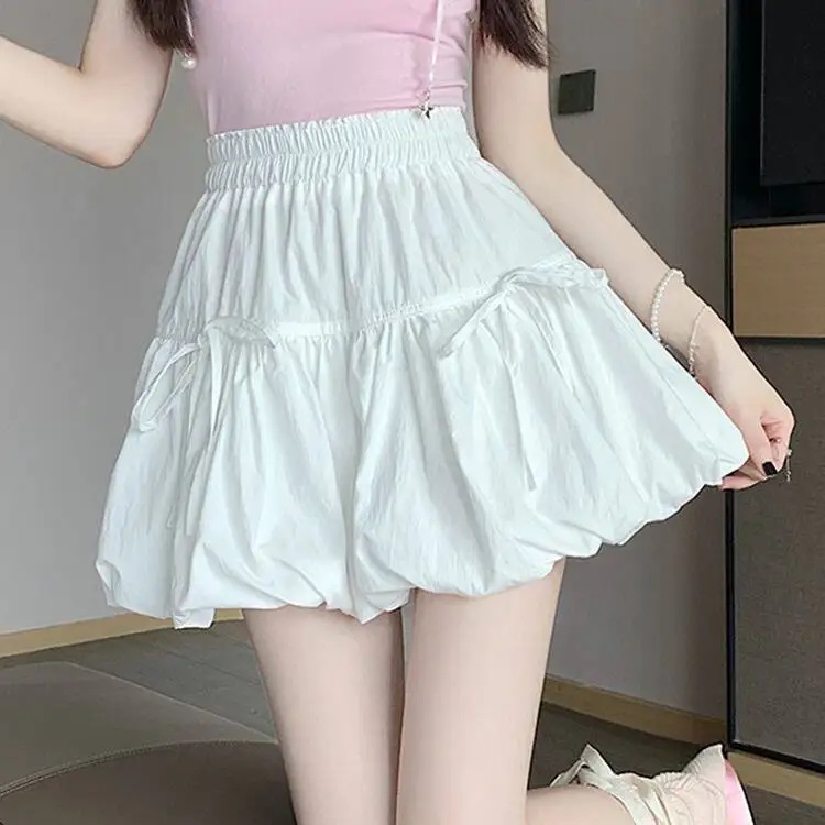 

White High Waist A-Line Skirt for Women Summer 2026 New Knot Design Fluffy Flower Bud Skirt Polyester Material