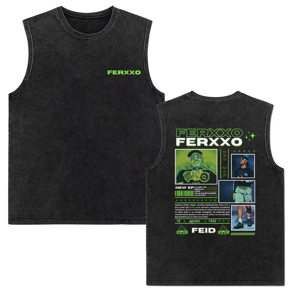 Washed Vintage Tank Tops Feid Ferxxo Graphic Print Tshirt Male Hip Hop Fashion Vest T Shirts Men Oversized Sleeveless T-shirts