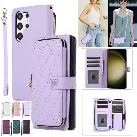 Lanyard Zipper Wallet Flip Leather Phone Case for Samsung Galaxy S25 Edge S24 FE S23 Ultra S22 Plus S21 S20 Note 20 Cards Cover