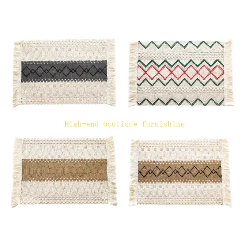 L9NB Retro Styles Colorful Dining Placemat Handwoven Tassels Detail Water Resistant