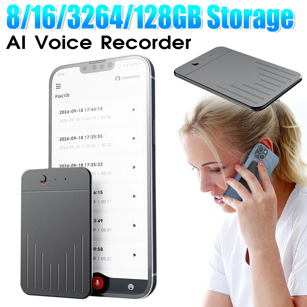 Rejestrator głosu AI 8/16/32/64/128GB, sterowanie aplikacją, rejestrator audio, transkrypcja i podsumowanie ChatGPT, obsługa wielu języków