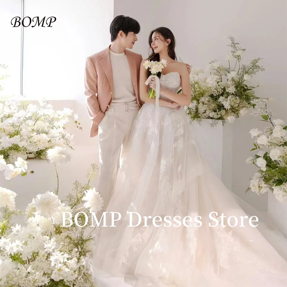 

BOMP Exquisite Applique Wedding Dress Strapless Tulle White Sweep Train Korea Photo Shoot Bridal Reception Gown Customized