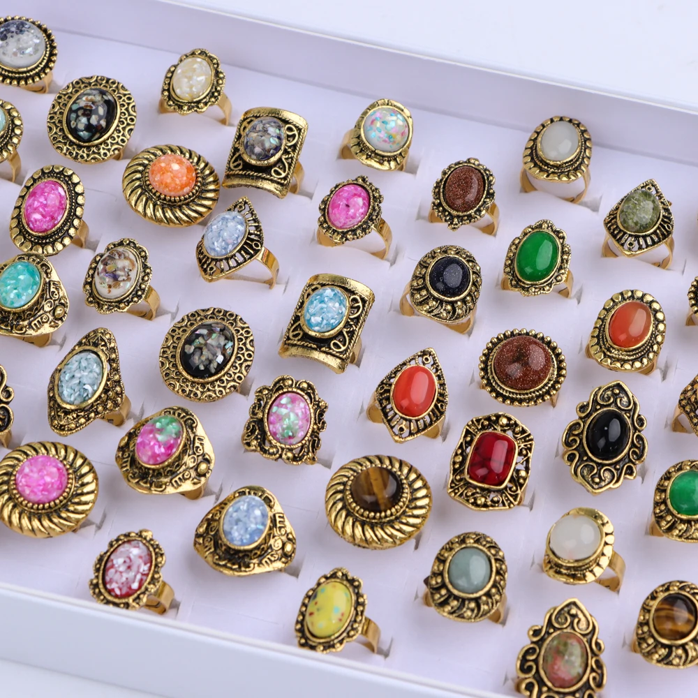 10/20Pcs/Lot New Fashion Bulk Vintage Flower Geometry Patten Colorful Stone Open Rings Jewelry For Women Mix Style Party Gifts