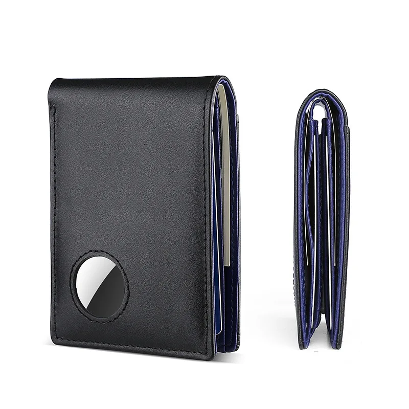 

Airtag Business Genuine Cow Leather Men Bifold Thin Wallet RFID Blocking Credit Bank Card Holder with ID Window Male Purse Black