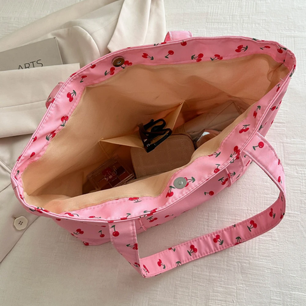 Cute Cherry Strawberry Print Casual Tote Bag Large Capacity Satchel Purse Nylon Top Handle Bag Women Grocery Fashion Shopp Bag