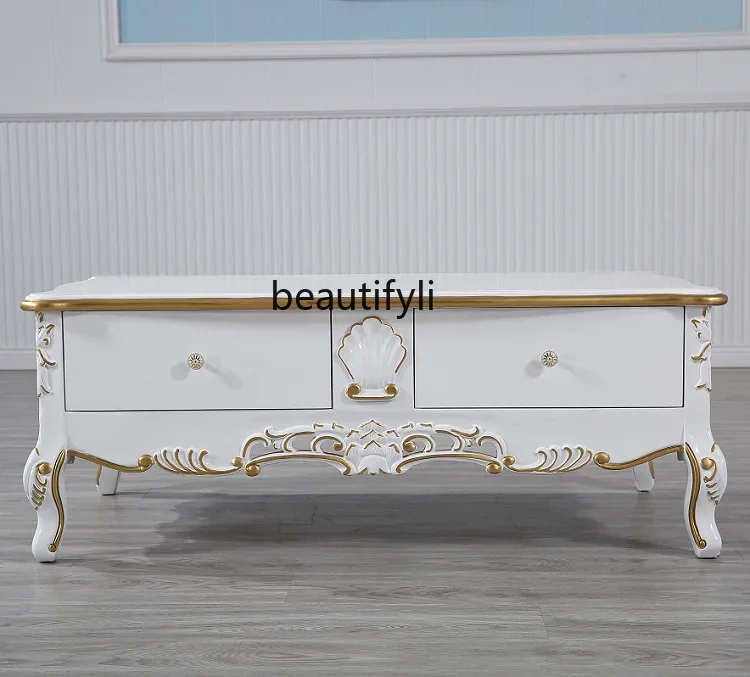 

C European Coffee Table Living Room with Drawer Solid Wood Sofa Side Table Carved Neoclassical Furniture