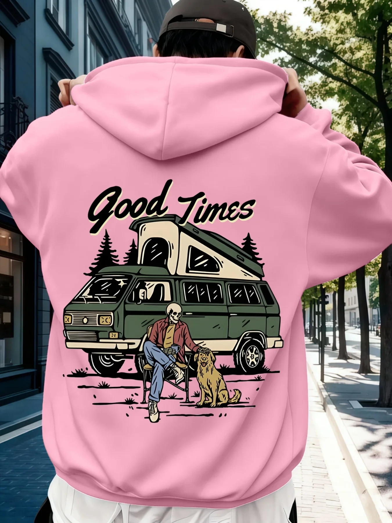 Men's Good Times Camping Sports Hoodie Vintage RV Skull Dog Print Oversized Pullover Hooded Sweatshirt Autumn Winter