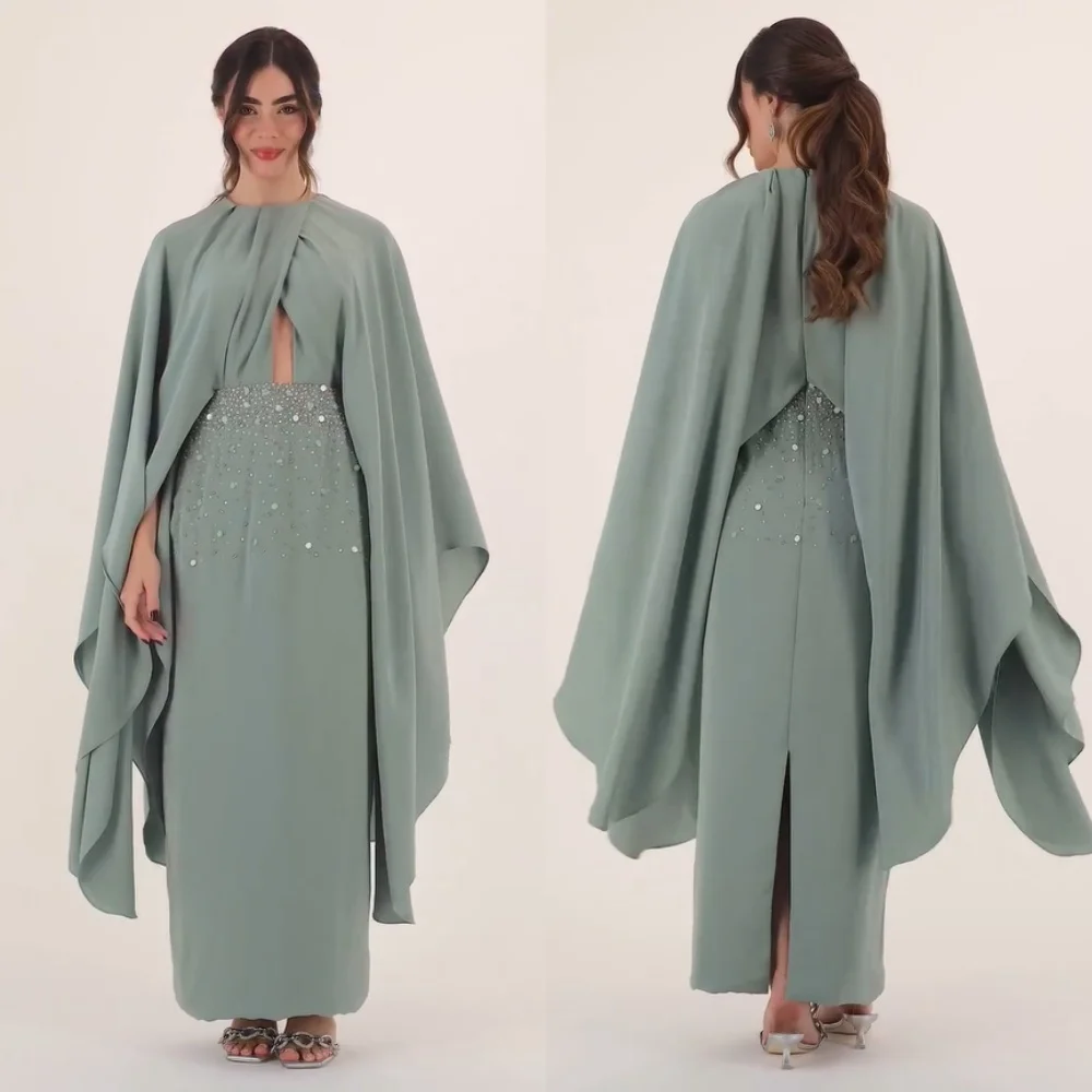 カスタマイズされたファッションジャージプリーツスパンコール付きストレートOネックミディドレスオーダーメイドフォーマルクラシックチャイニーズスタイル