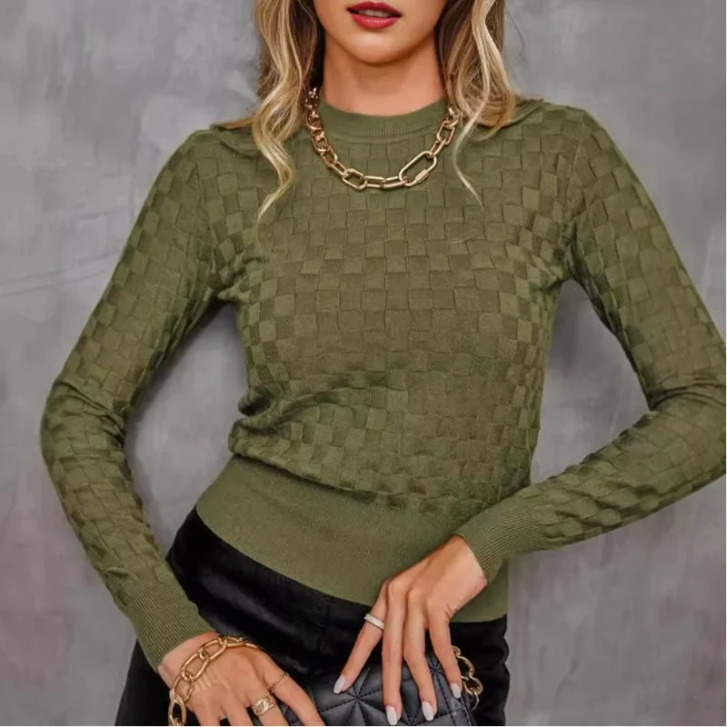 

European And American Autumn New Arrival Elegant Crew Neck Solid Color Slim Fit Knitwear Versatile Pullover Top For Women