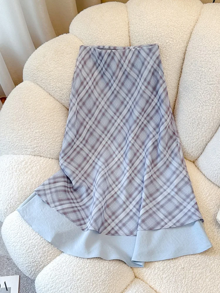 Korean Style Gentle Plaid Fish Tail Half Skirt Women's Summer Fake Two-Piece High Waist Draped A-Line Wrap Body Midi Skirt