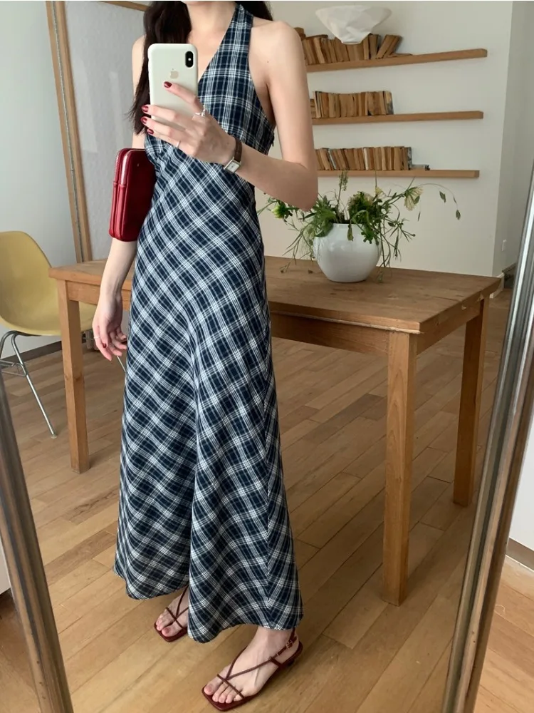 

Women's Summer Halter Long Plaid Slim Dress V Neck Elastic Back Backless Maxi Pullover A-line Sundress Female 2025