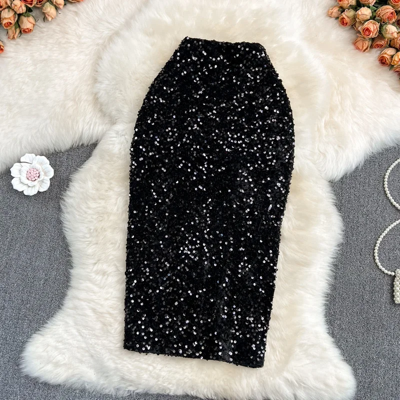 Women High Waist Ol Sequin Skirt Autumn Winter 2024 New Fashion Glitter Bodyocn Show Thin Hip Wrap One-step Sparkle Skirt