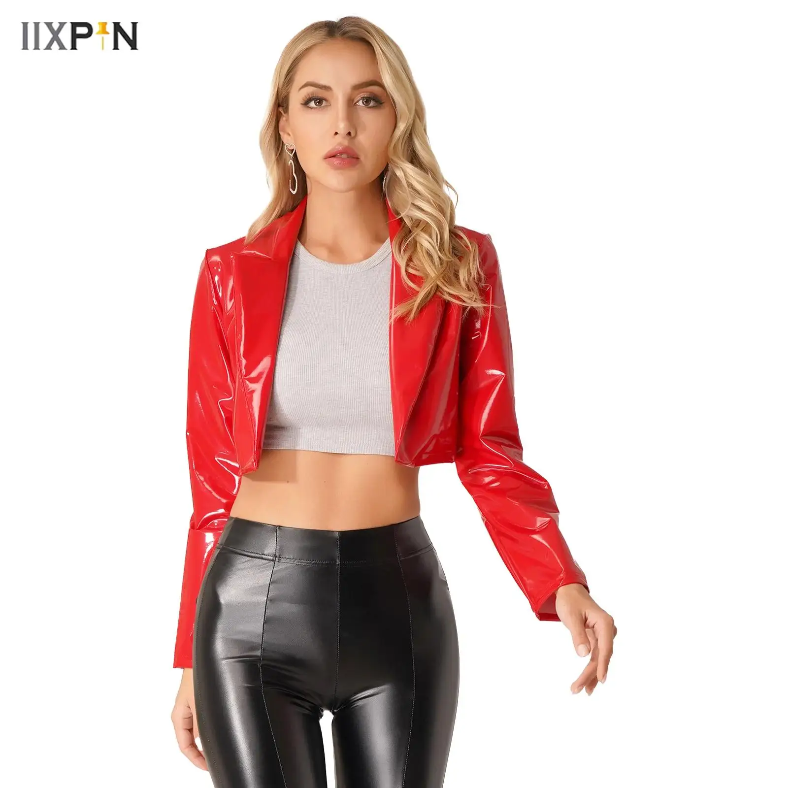 

Fashion Womens Jacket Coat Wet Look Patent Leather Long Sleeve Lapel Coat Cropped Tops Raves Party Club Music Festival Outerwear