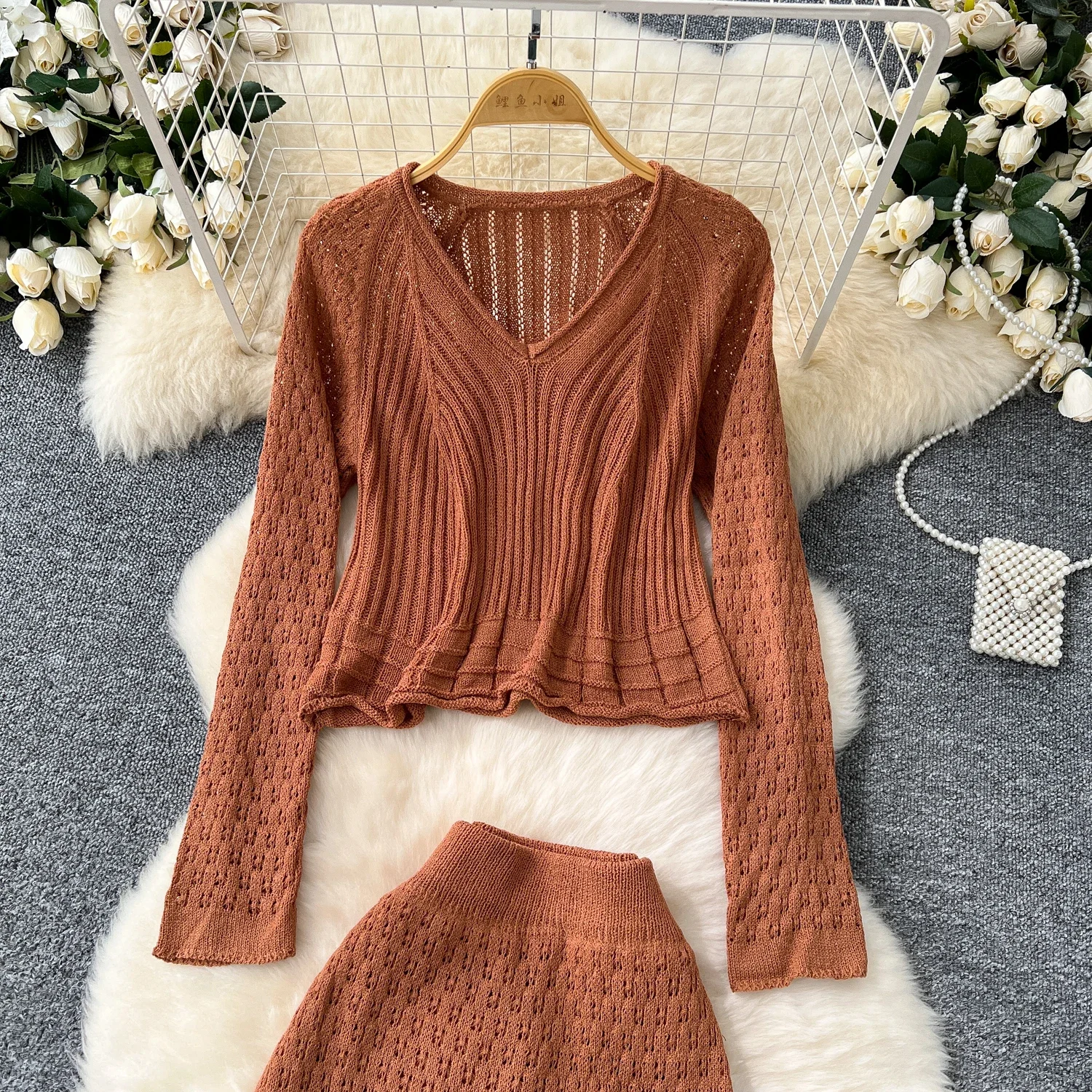 Chic Two-piece Sets Sweet Basics V-neck Hollow Out Long Sleeve Knit Top and High Waist Split Skirt High Street Women Clothing