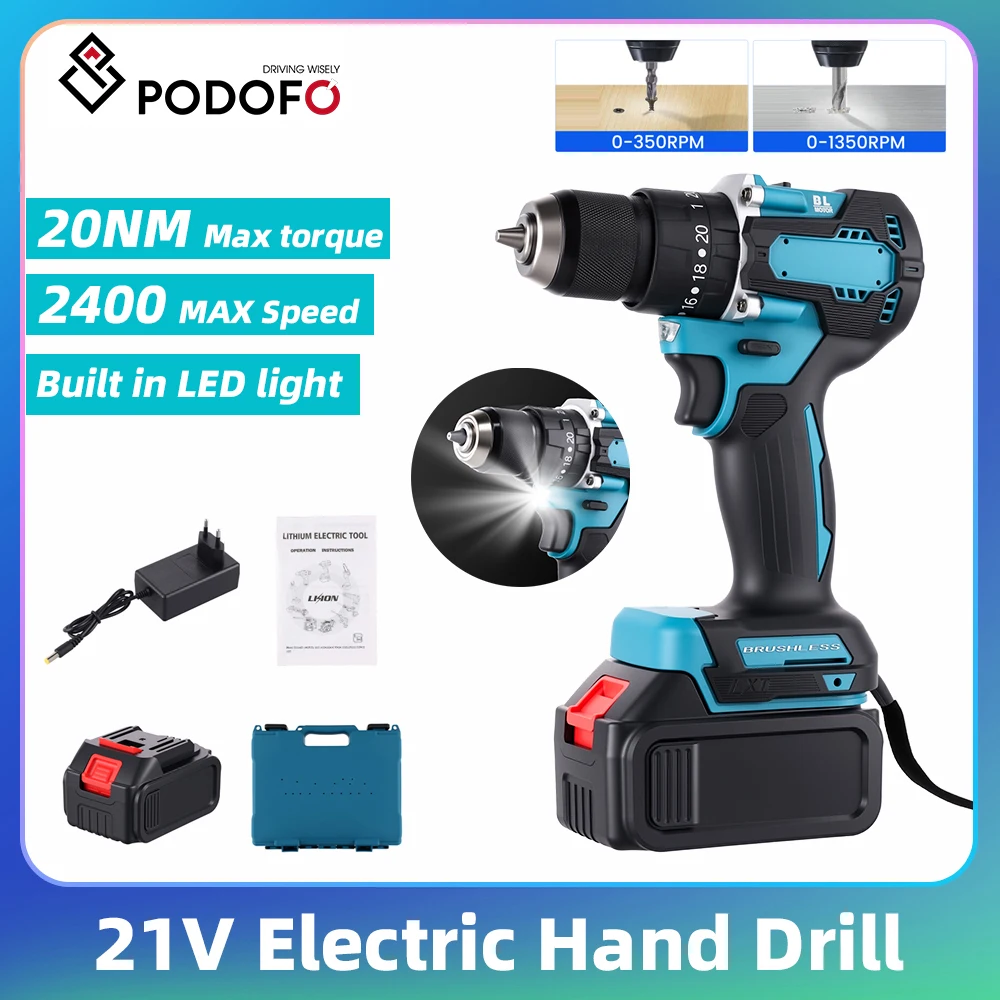 Podofo Elektrische Handbohrmaschine 21V mit Akku Kabellose Bohrmaschine Bürstenlose Handgeführte Akku-Bohr- und Schraubmaschine 2 Geschwindigkeiten 1350 U/min