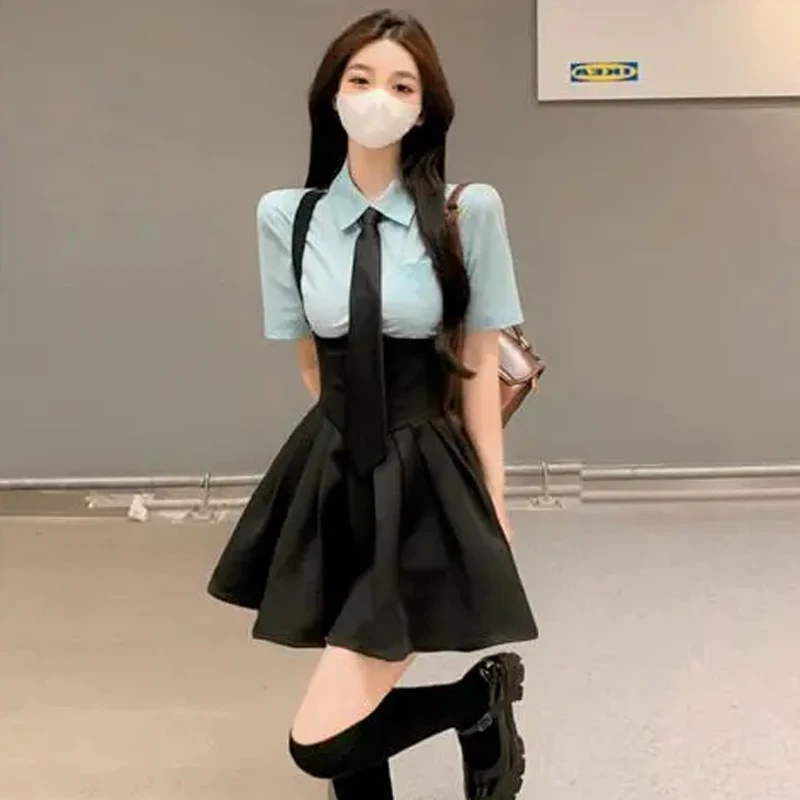 Extra Large Preppy Style Retro Blue Shirt with Tie Sexy Outfit High Waist Corset Strap Pleated Skirt COS JK School Uniform Suit