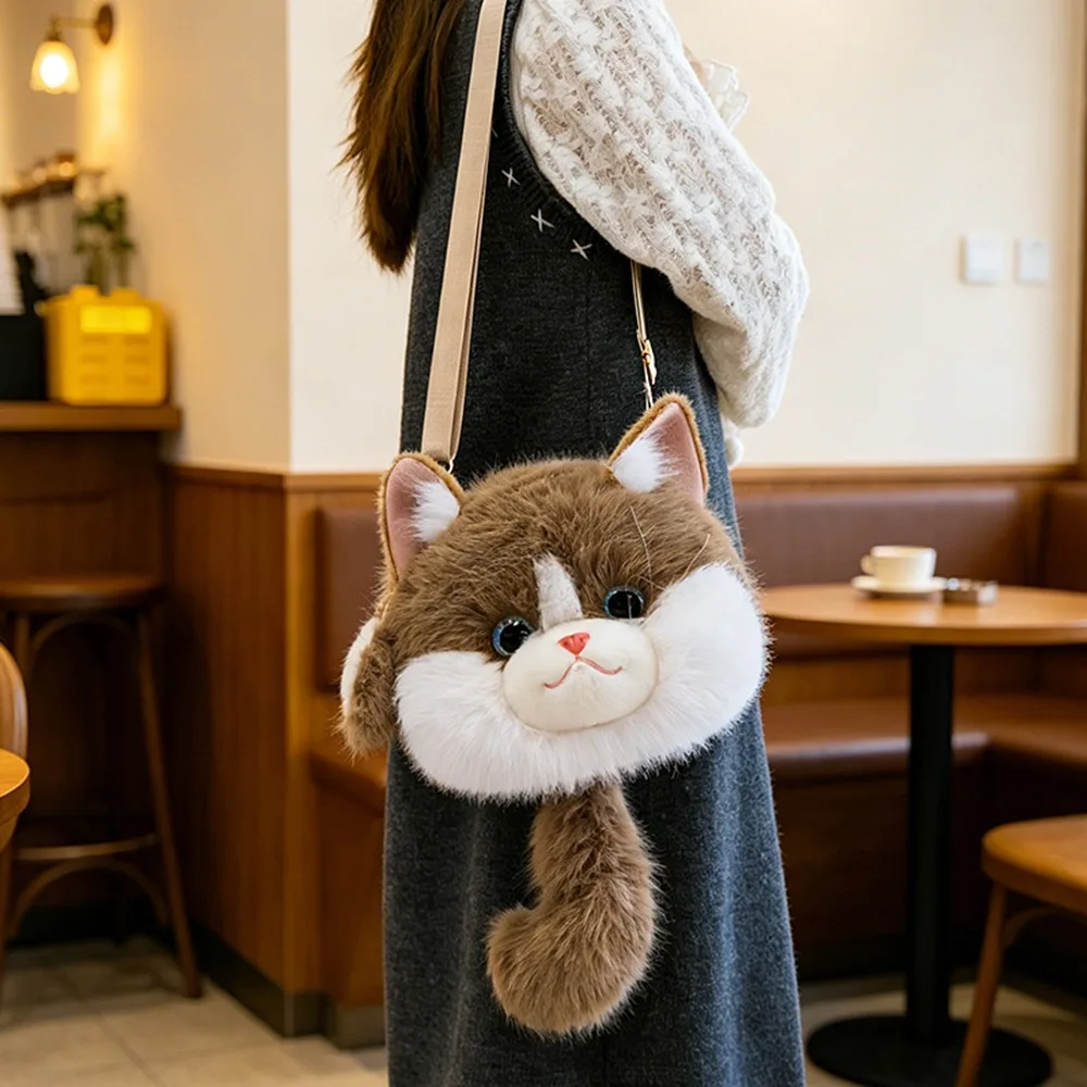 

New Cute Cat Animal Plush Shoulder Bag Soft Plush Detahable Strap Stuffed Animals Bag Fluffy School Bags Travel Storage