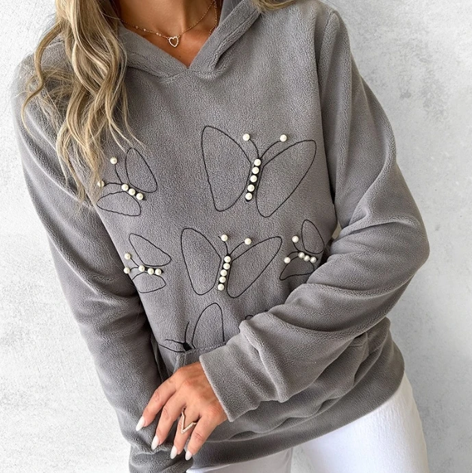 

2023 autumn winter spring new fashion casual elegant Beaded hooded long sleeved hoodie pullover tops Female clothing