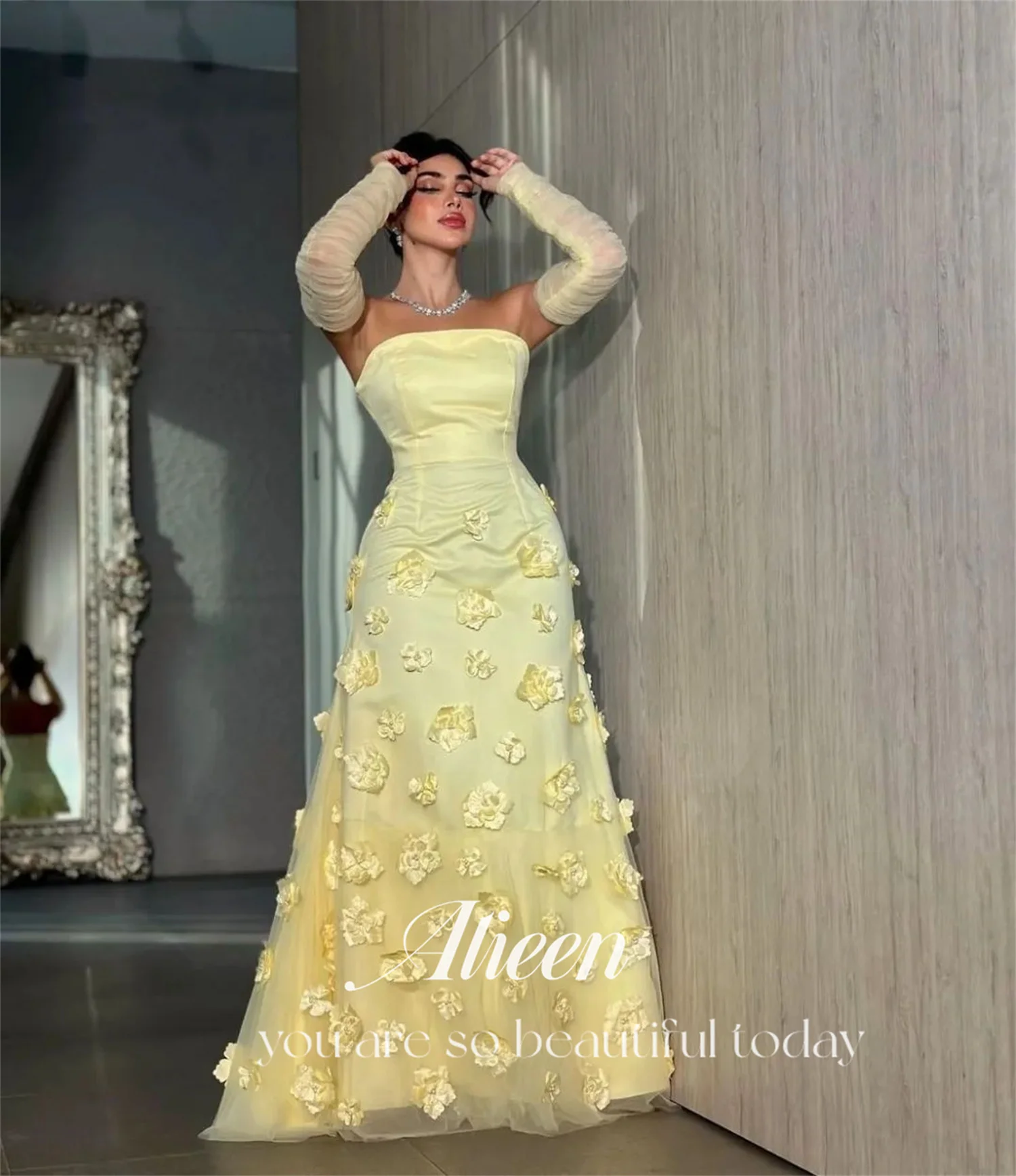 Aileen Yellow Off the Shoulders 3D Flowers Chubby Elegant Party Dresses on Offer Liquidation Evening Woman Gala Prom 2024 Dress