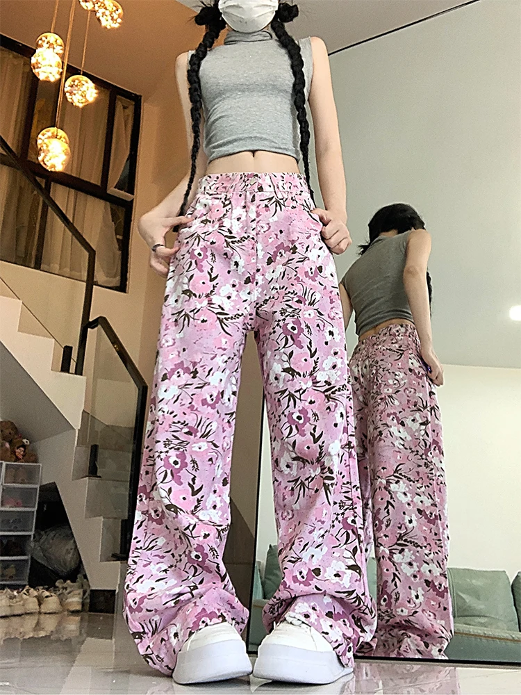 Women's Pink Y2k Flower Jeans Harajuku 90s Aesthetic Baggy Denim Trousers Vintage Jean Pants Japanese 2000s Style Trashy Clothes