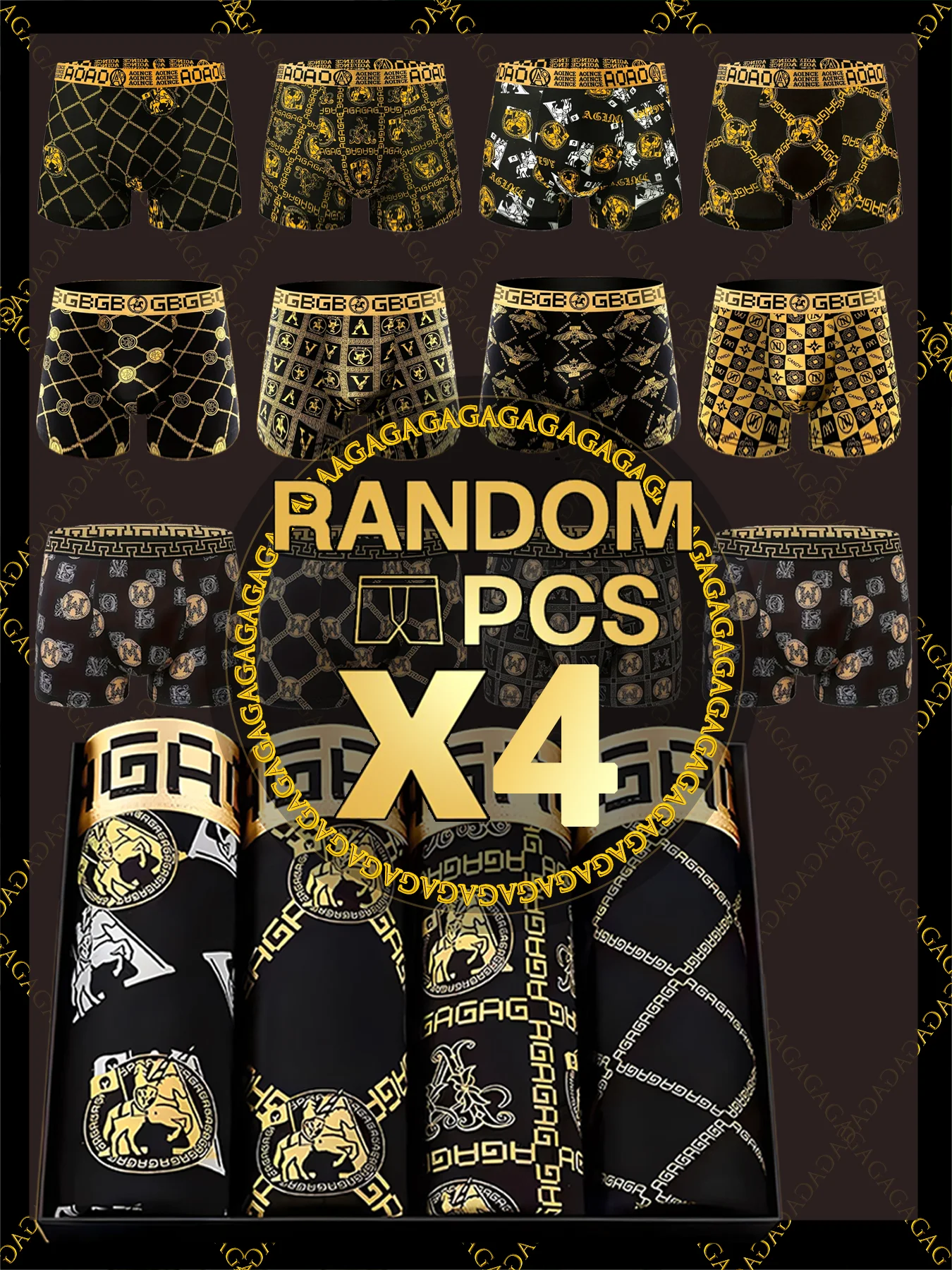 

random 4pcs Greek Pattern Men's Boxer Briefs Black Golden Stretchy Soft Breathable Daily Underwear