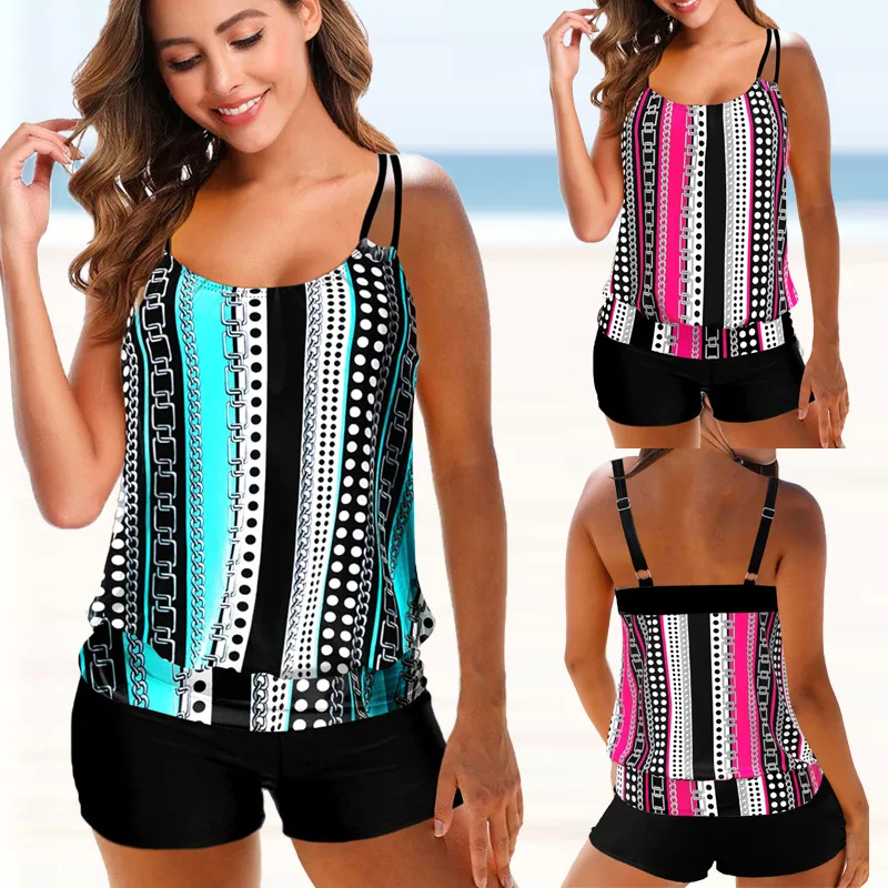 New oversized printed split women\'s swimsuit hot spring suit suspender flat leg shorts plus size swimwear bikini bikini
