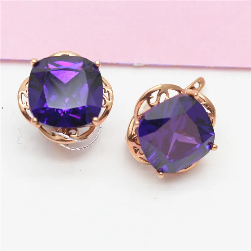 

585 Purple Gold Fashionable Inlaid Purple Gem Square earrings for women Plated 14K Rose Gold stud earings engagement Jewelry