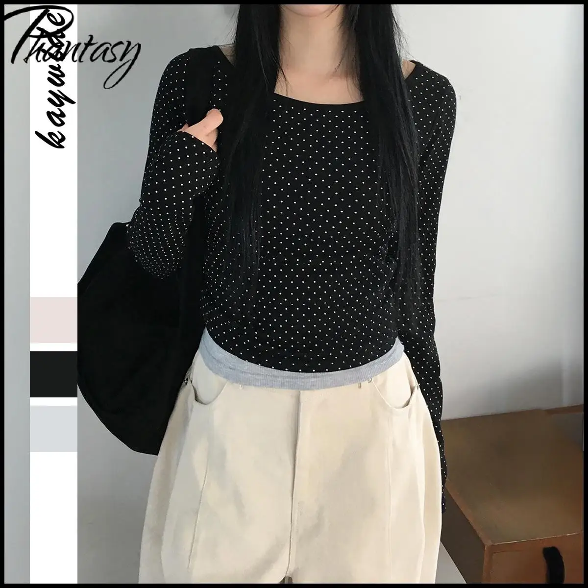 

Casual Basic Women's Long-Sleeve Top Solid Color Polka Dot Slim-Fit Base Layer Spring T-Shirt for Lady Y2K Female Clothes