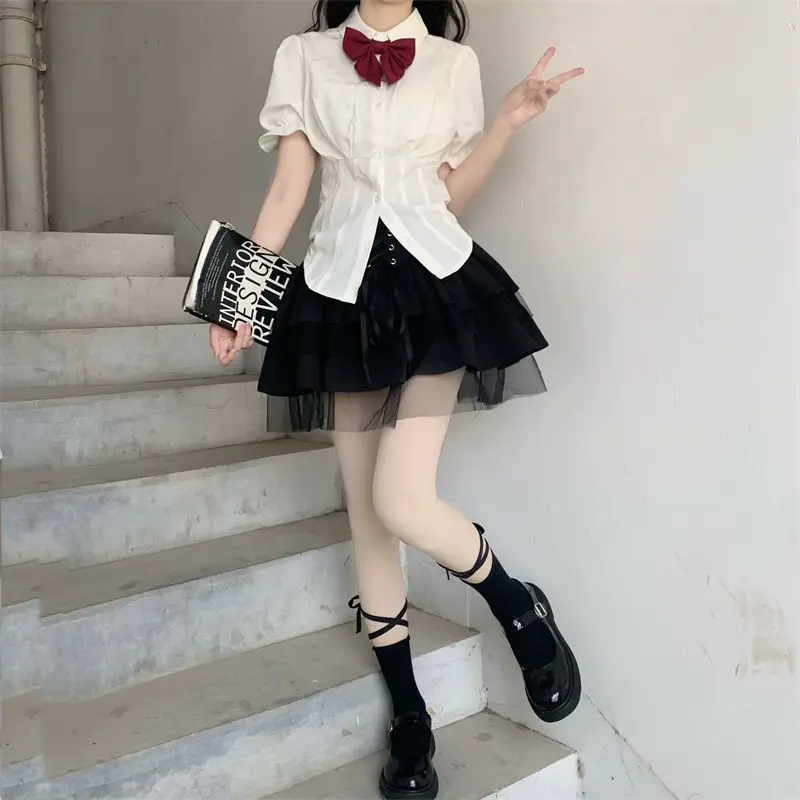 

Summer New Style Japanese JK Uniform Set Women's Waist-Cinching Slimming Bubble Sleeve Shirt Top High Waist Fluffy Cake Skirt