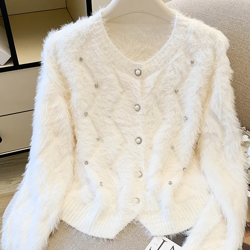 

French Elegance Cardigan for Women Spring Autumn Gentle Fashion Knitted Tops Bead Decoration High-end Leisure Knitwear