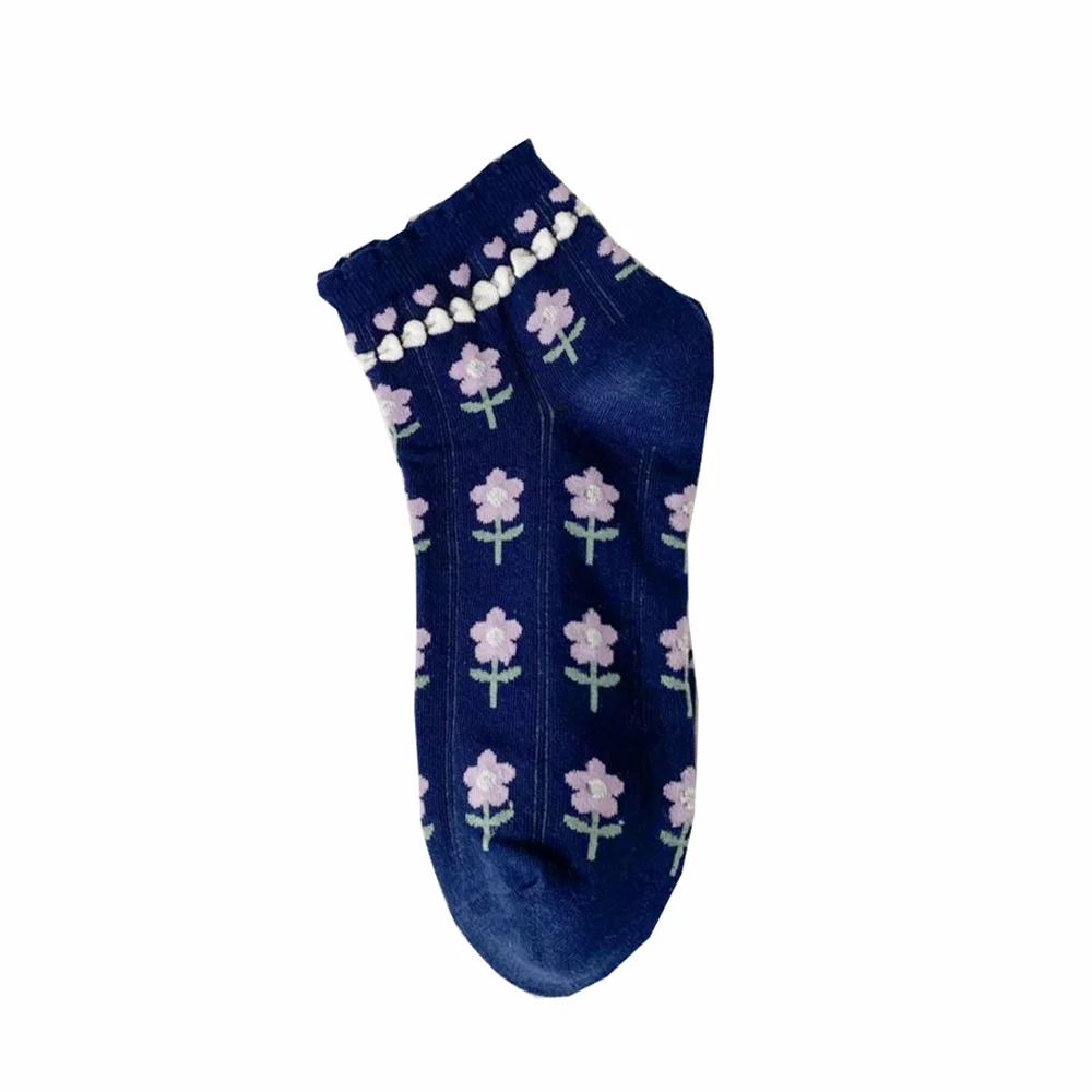 5 Pair Kawaii Flower Print Socks For Women Spring Summer Low Tube Edge Curl Lady Short Cute Socks Designer Brand Sokken Vrouwen