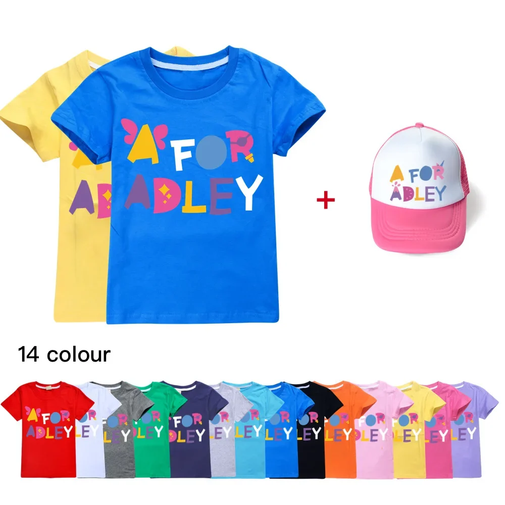 New 2024 Summer Boys T Shirt A for Adley Print Kids T-Shirts Funny Children Girls Clothes Casual Tops+Hat