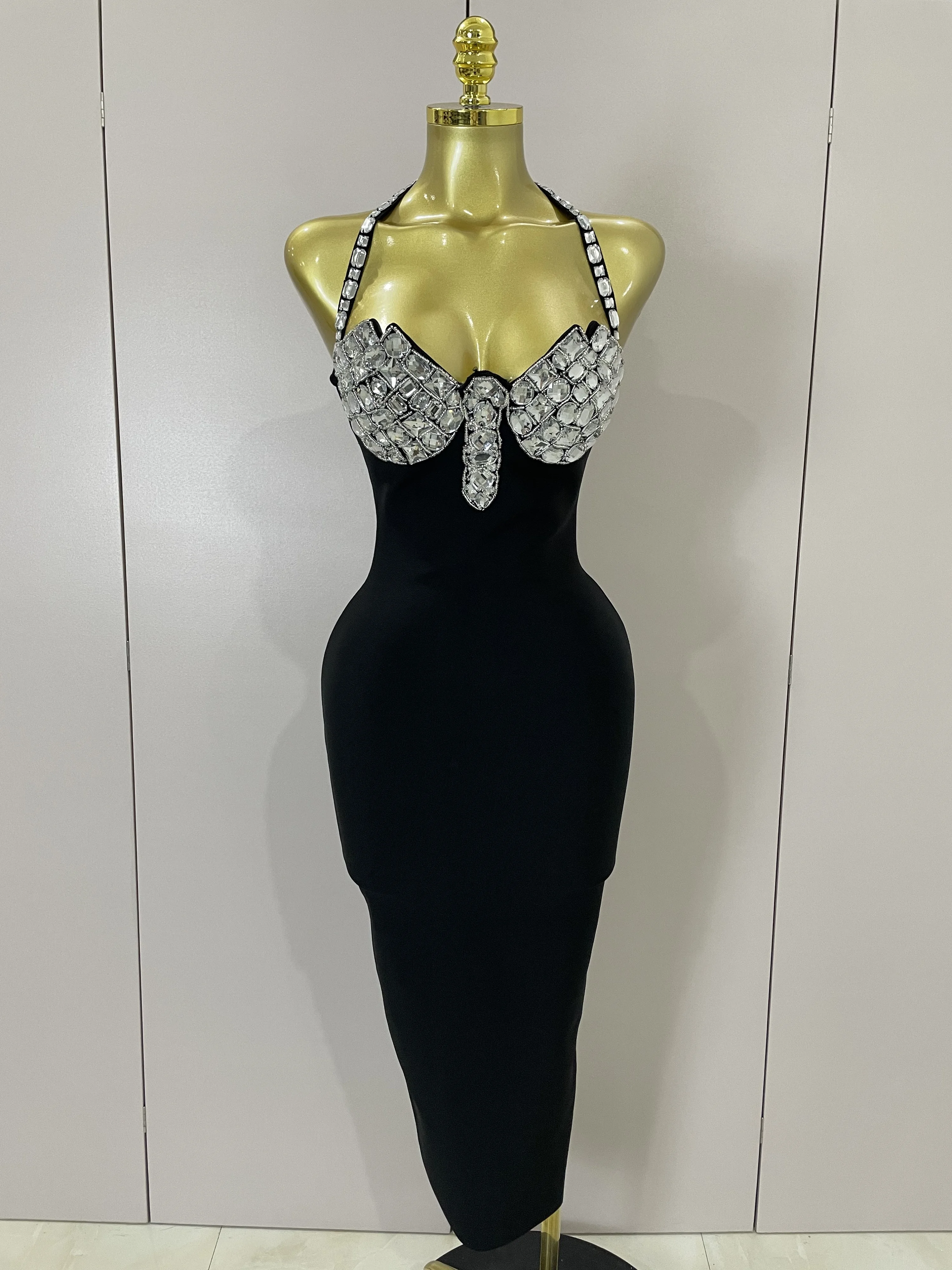 

Summer Shiny Diamonds Beading Halter Sleeveless Bodycon Long Bandage Dress Women Celebirty Elegant Evening Party Birthday Dress